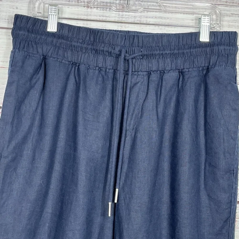 QUINCE 100% European Linen Pants L Drawstring Wide Leg Navy Blue Capsule Coastal
